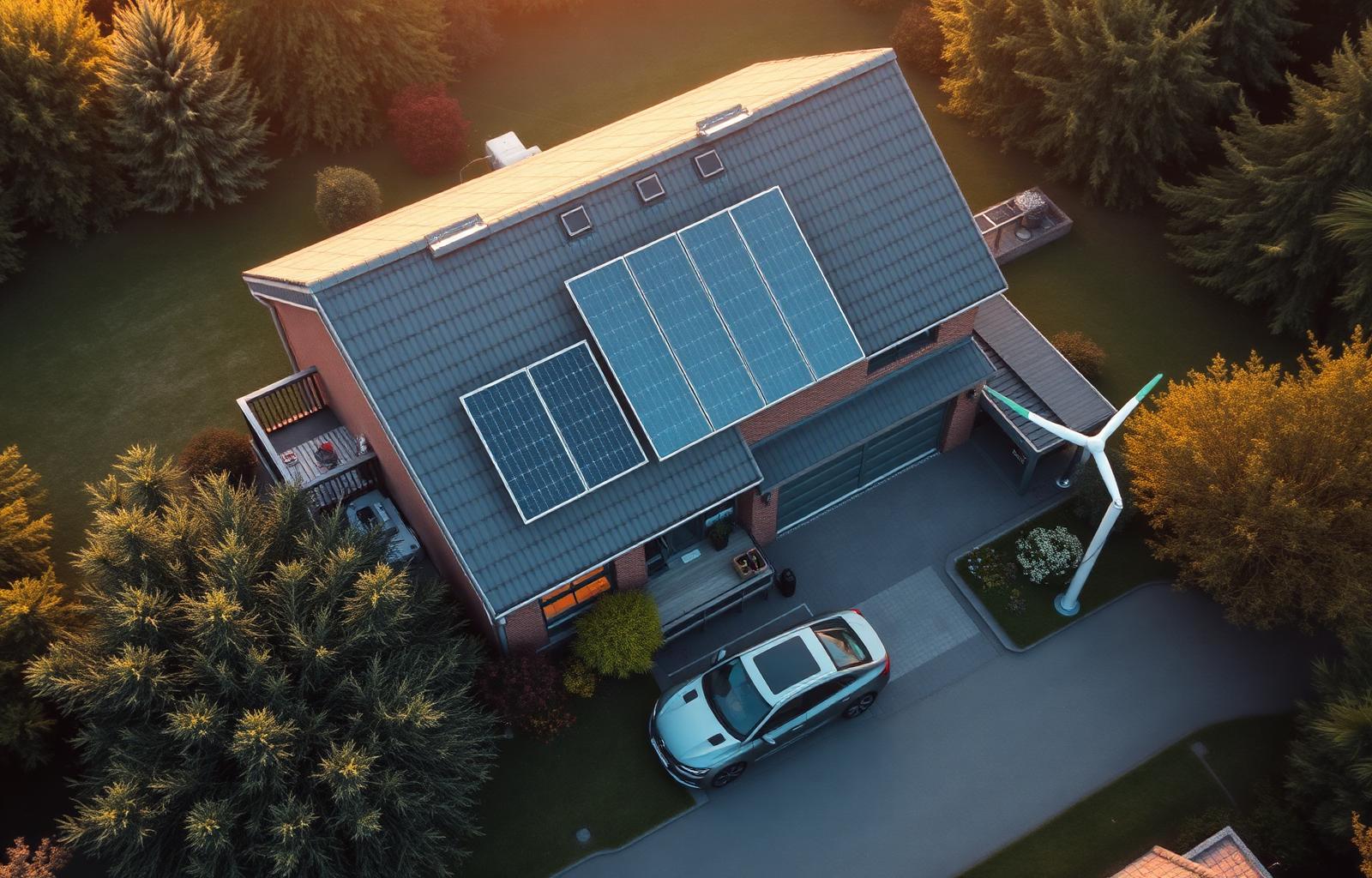 Modern Nederlands huis met zonnepanelen, kleine windmolen en elektrische auto